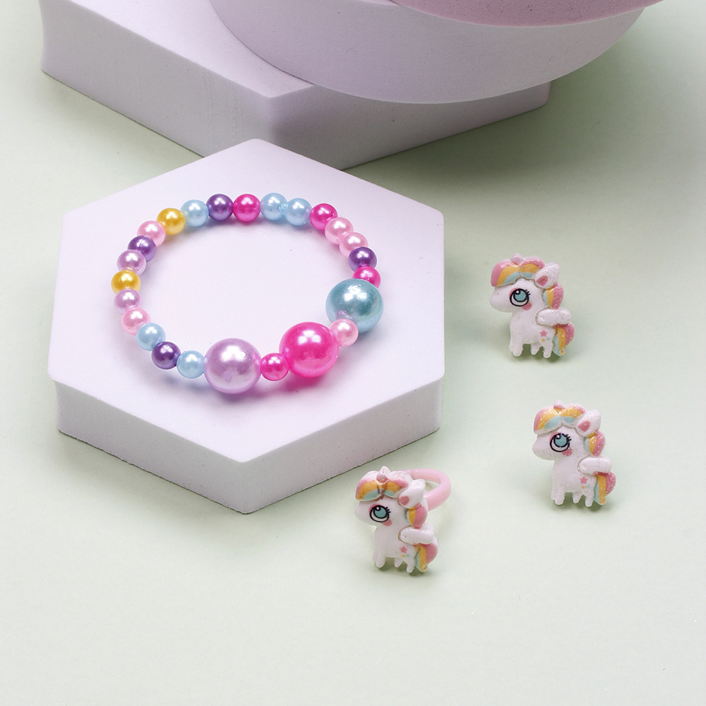 Cute Unicorn Crown Resin Beaded Rings Earrings Necklace 1 Set