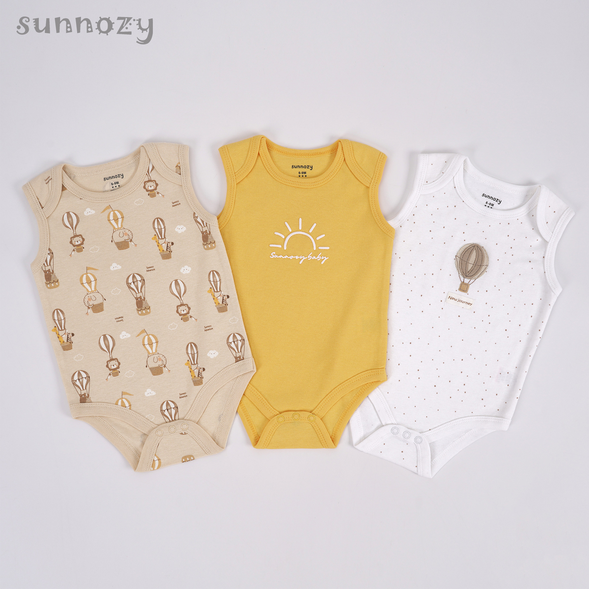 Conjunto de tres piezas de verano sin mangas para recién nacido, mono de algodón puro Clase A con estampado, venta al por mayor.