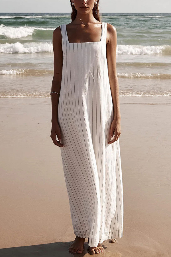 Spring Summer Square Collar Striped Minimalist Basic Sleeveless Dress for Women