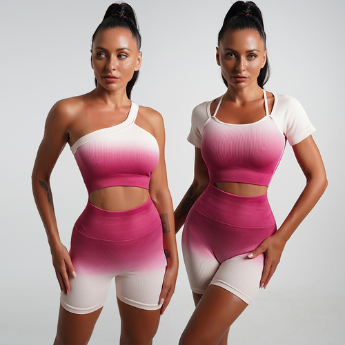  Summer European and American Gradient Women's Yoga T-Shirt + Short-Sleeve Sports Shorts – Tight, Midriff-Baring, Stretchy Two-Piece Set for Women