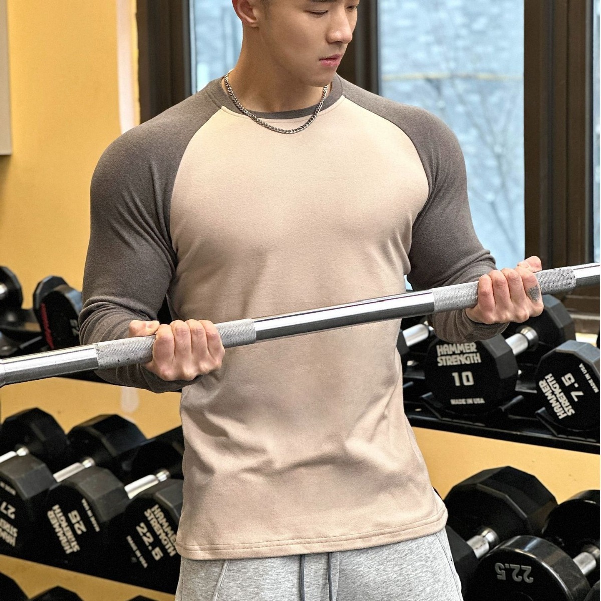 肌肉健身兄弟运动高领男式长袖t恤宽松大码拼色跑抖音加密发货