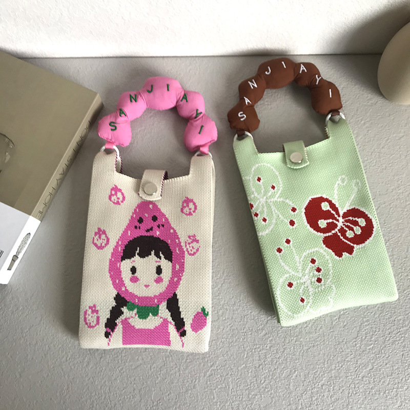 新款针织手机包女可爱卡通韩版百搭学生零钱手提包斜挎手拎小包潮