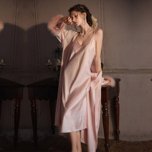 Pajamas Women's Ice Silk High-end Sexy Long Sling Nightgown Wedding Bridal Morning Gown Ostrich Feather Home Clothes
