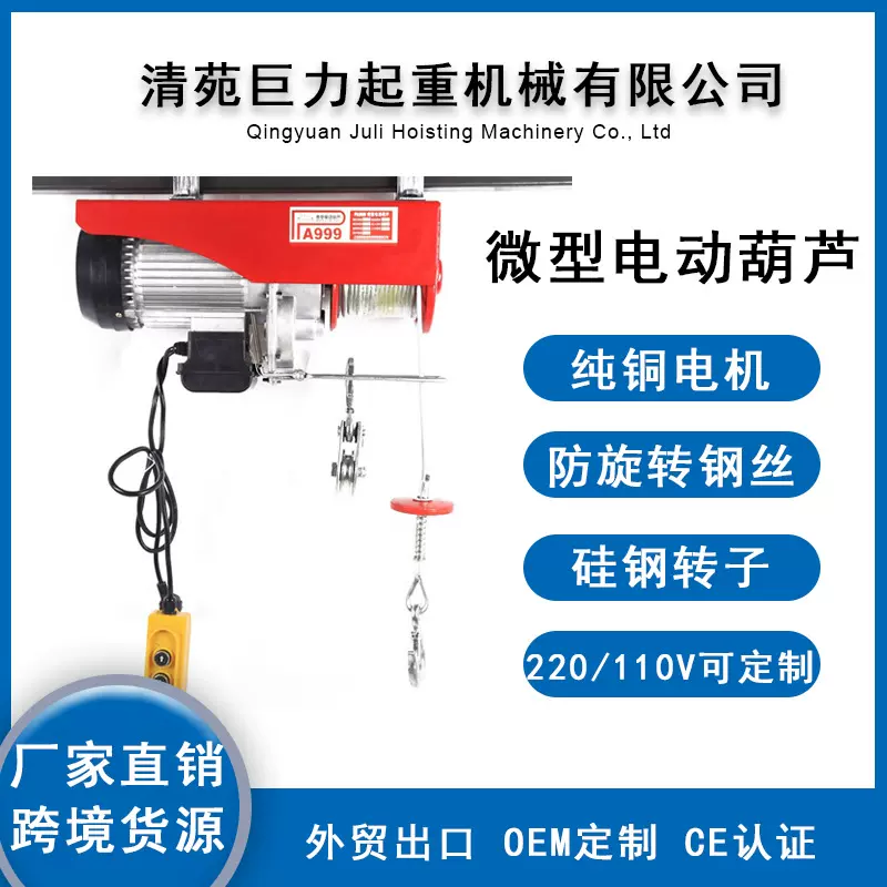 巨力起重微型电动葫芦220V家用楼顶小吊机升降机小型钢丝绳电葫芦