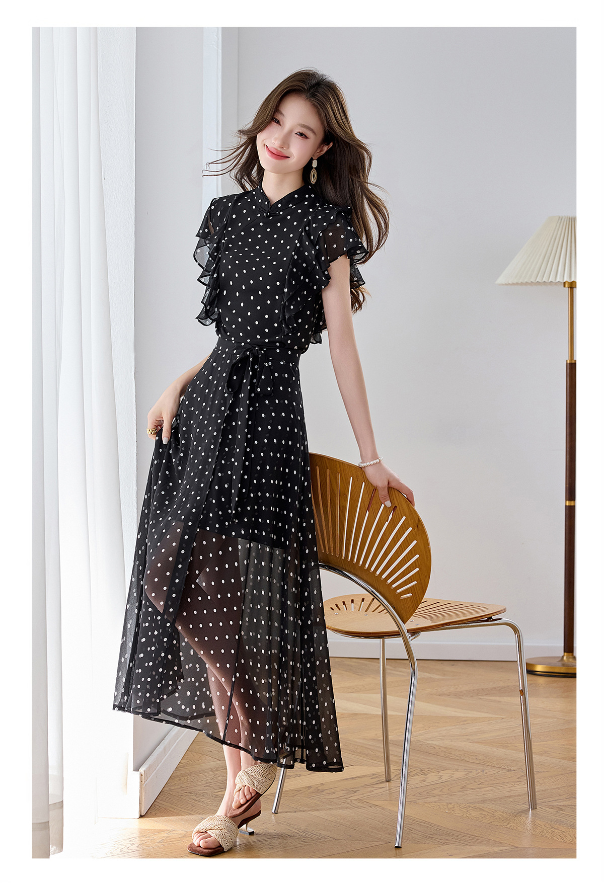 Đầm maxi nữ thắt eo họa tiết hoa nhí hai dây mặc hai kiểu Z5718 — Hoa đỏ, Chấm tròn chi tiết 13