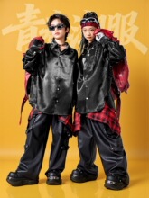 儿童街舞潮服男童嘻哈少年演出服架子鼓摇滚亮面黑衬衫炫酷套装