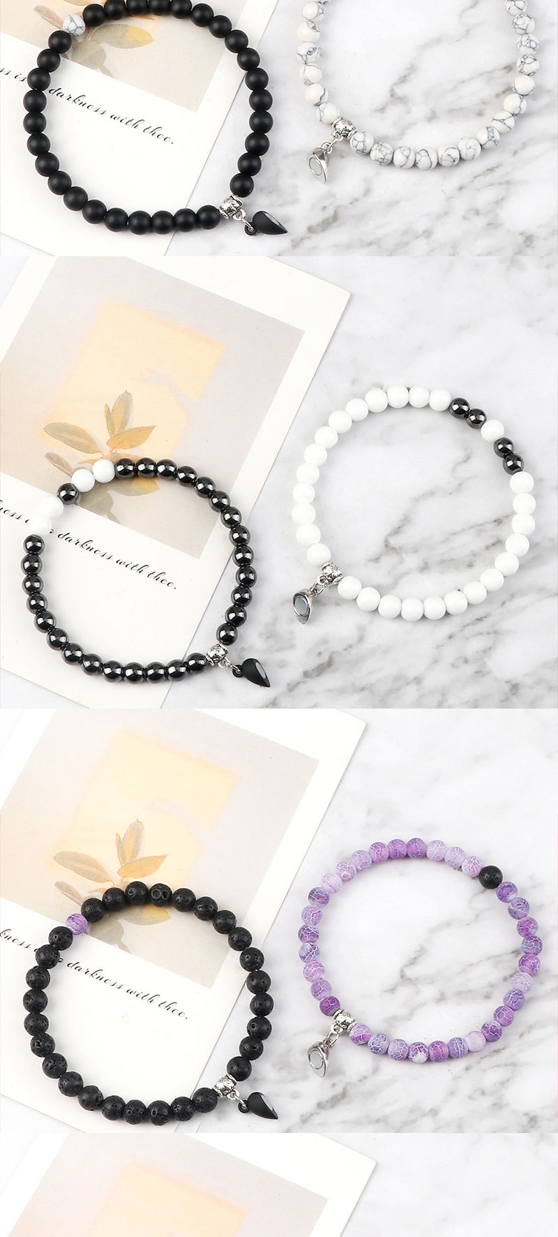 Couple Beaded Magnetic Bracelets With Heart Shaped Buckle Set_voghion.com