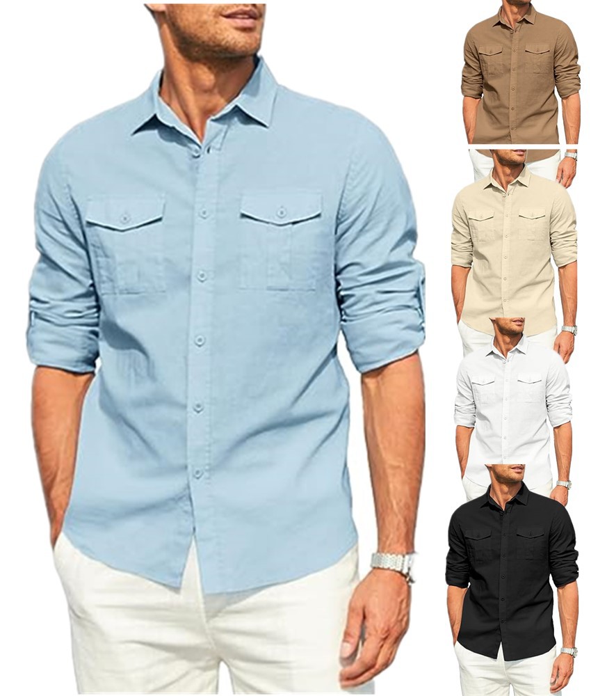 Herren Freizeithemd Langarm Baumwolle Leinen Mit Doppeltasche_voghion.com
