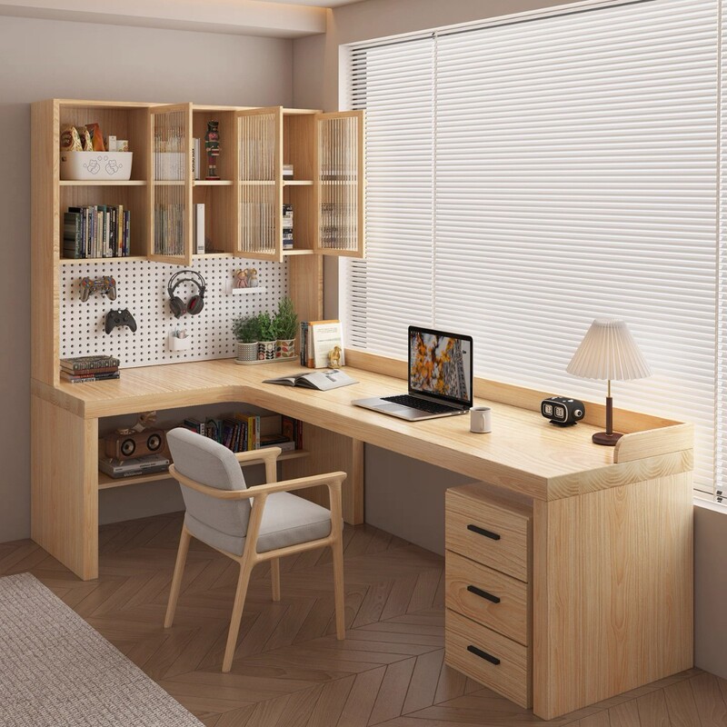 Natural Wood Color Glass Cabinet Door, All-Solid Wood Corner Desk and Bookshelf Combination, Home-Use L-Shaped Computer Desk, Corner 7 Office Desk Natural Wood Color Glass Cabinet Door, All-Solid Wood Corner Desk and Bookshelf Combination, Home-Use L-Shaped Computer Desk, Corner 7 Office Desk