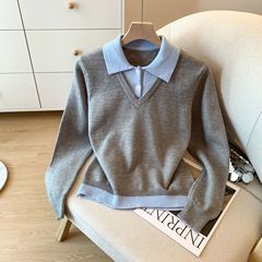 广州十三行高货爆款~假两件polo领上衣女2025秋季修身显瘦针织衫