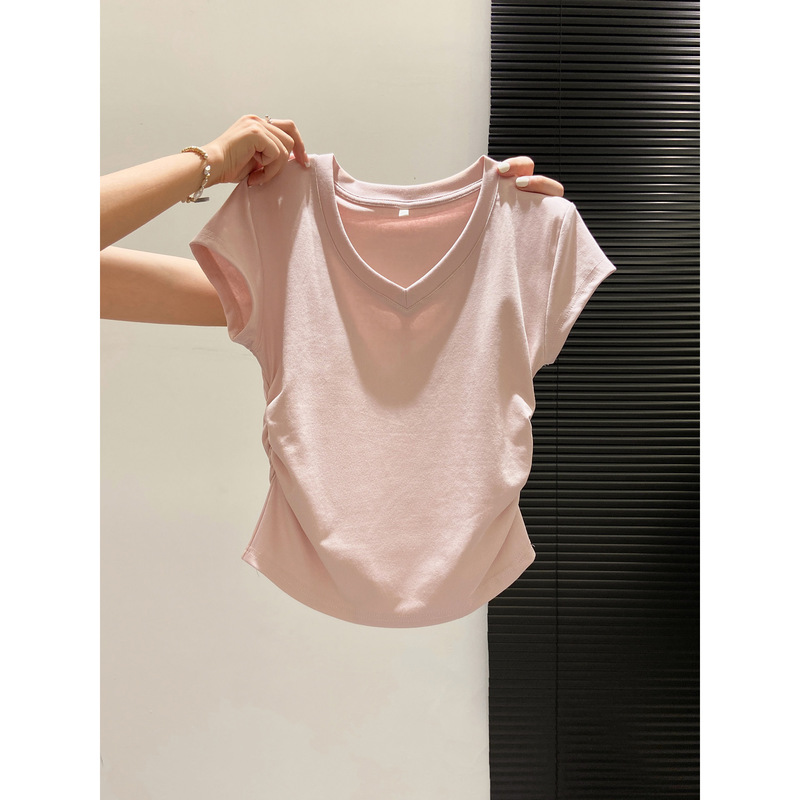 Sweet and Spicy Girl V-Neck Short Sleeve T-Shirt for Women, Summer Korean Style Niche Pleated Slim Fit Body-Shaping Regular Shoulder Base Layer Top