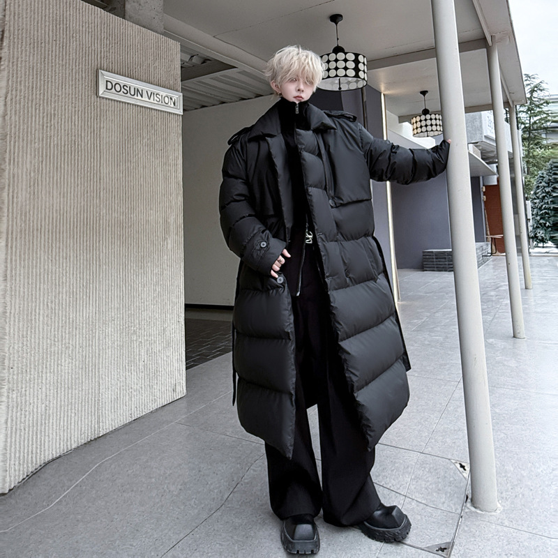 2024冬装纯色PU皮假两件男士中长款加厚棉衣潮流外套休闲二色棉服