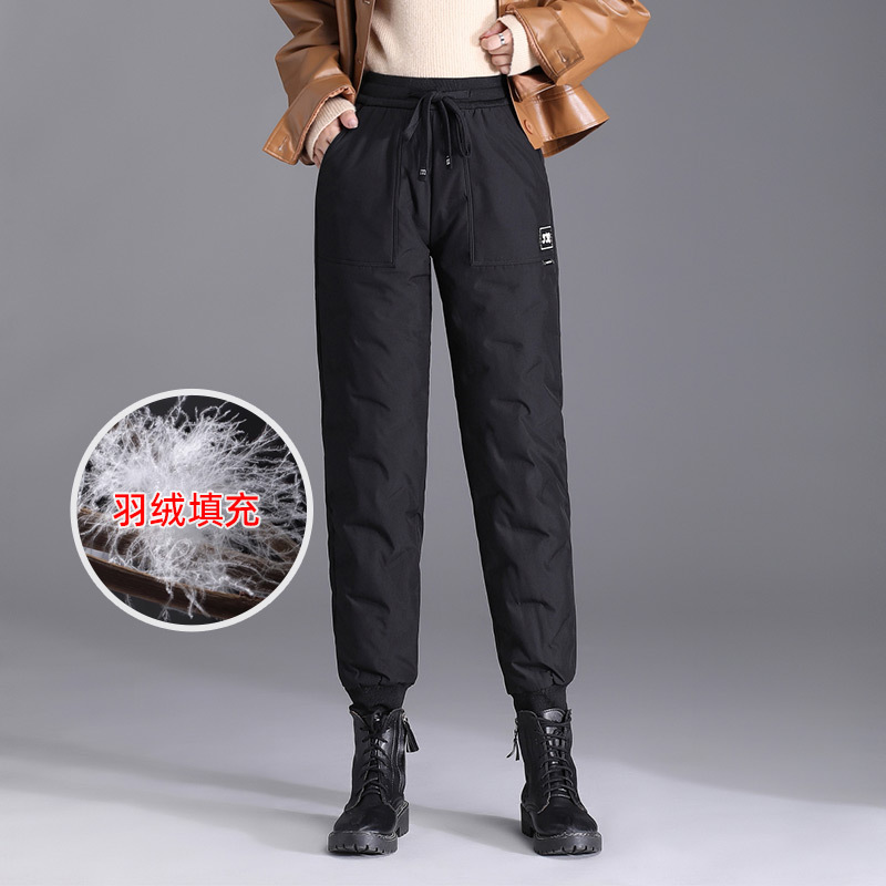 Pantalones de plumón de pato blanco para mujer, se pueden usar al aire libre, a la moda, de cintura alta, gruesos, cálidos, a prueba de frío, pantalones de algodón para mujer con puños image 8