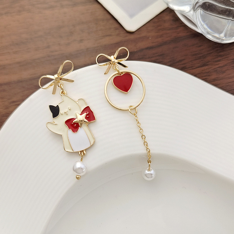 Fashion Heart Shape Cat Bow Knot Alloy Plating Artificial Pearls Women's Drop Earrings 1 Pair display picture 2