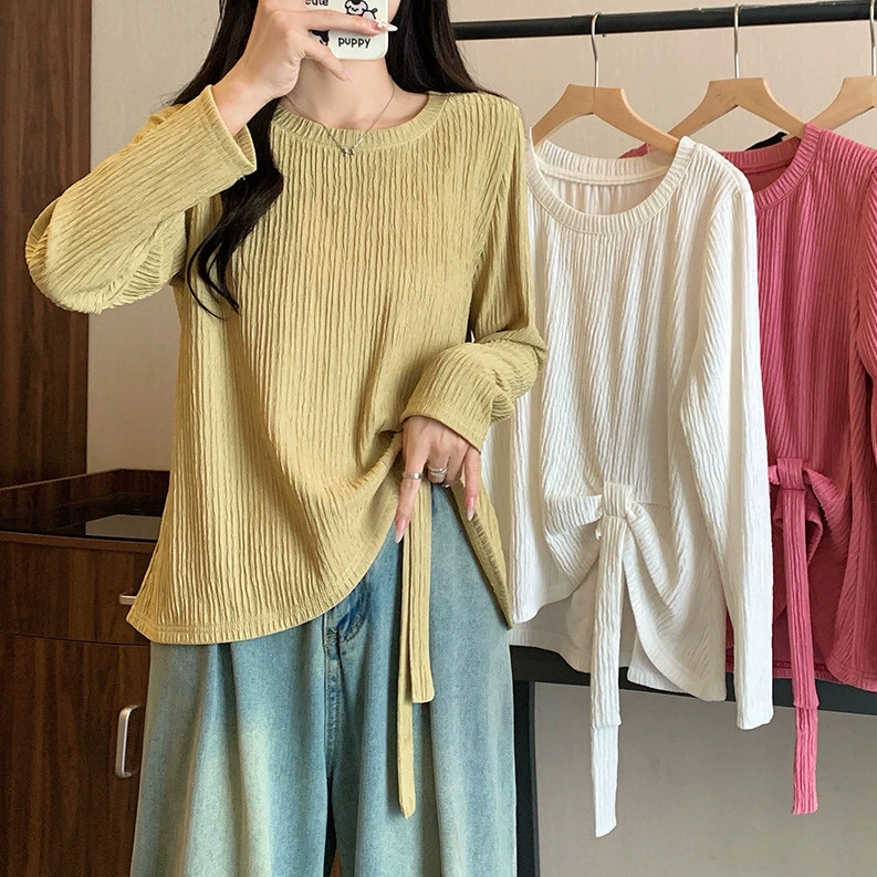 Большой размер женской одежды 2025 новый сплошной цвет футболка с длинными рукавами черный белый желтый зеленый розовый другой спандекс