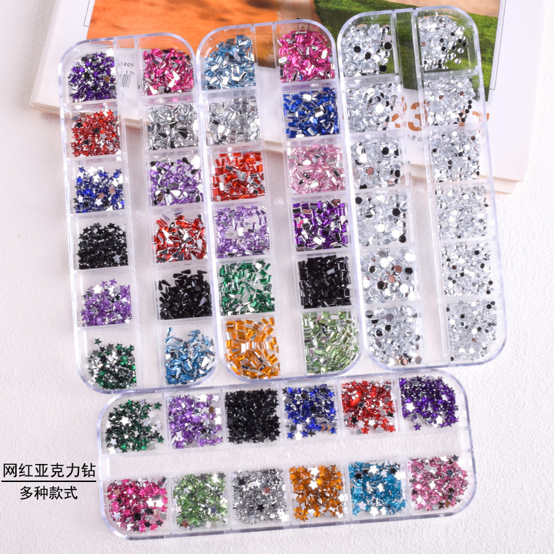 Nail art 12 box accessories color dot drop five-pointed star pink shaped acrylic DIY nail drill