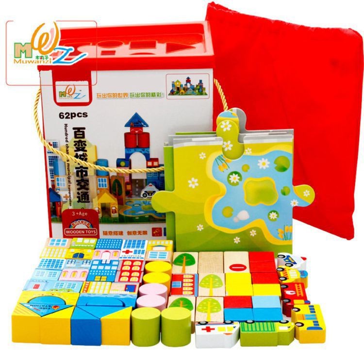 Bloques de construcción de madera para niños 62 piezas de aprendizaje tema creativo bloques de construcción de calidad montaje de partículas grandes juguetes educativos de educación temprana