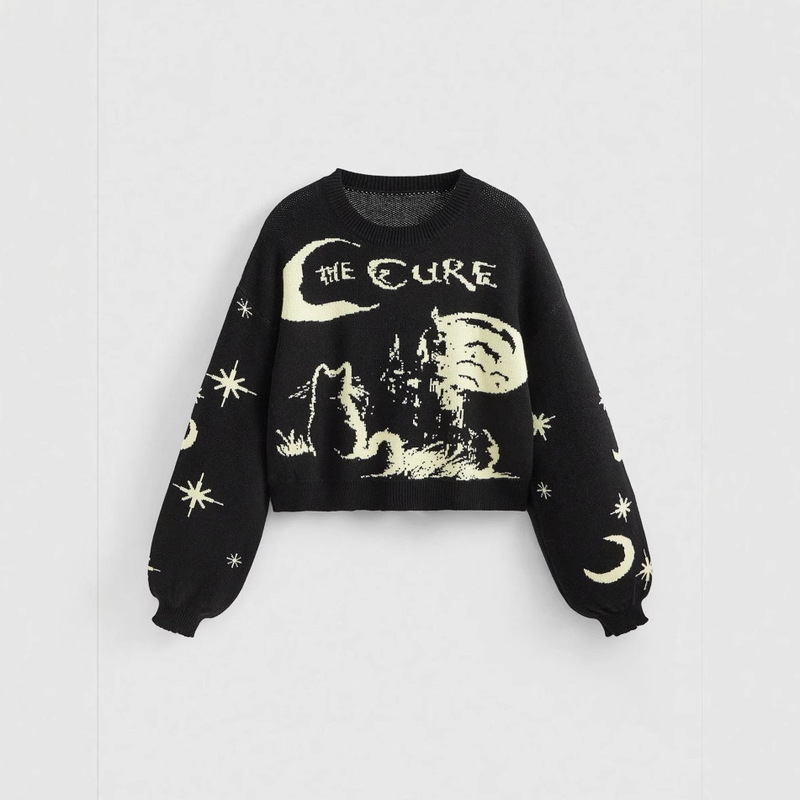 Cross-Border Clearance Women's Autumn and Winter Short Flared Sleeve Loose Jacquard Starry Sky Retro Round Neck Pullover Knitted Sweater