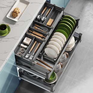 Elmo Kitchen Cabinet Stainless Steel Damping Double-Layer Drawer-Type Bowl Rack Storage Seasoning Built-In Cabinet Bowl Basket