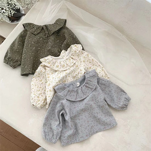 Korean Style Spring and Autumn Baby Girl's Soft Floral Base Shirt Ins Long Sleeve Doll Collar Loose Cute Children's Shirt