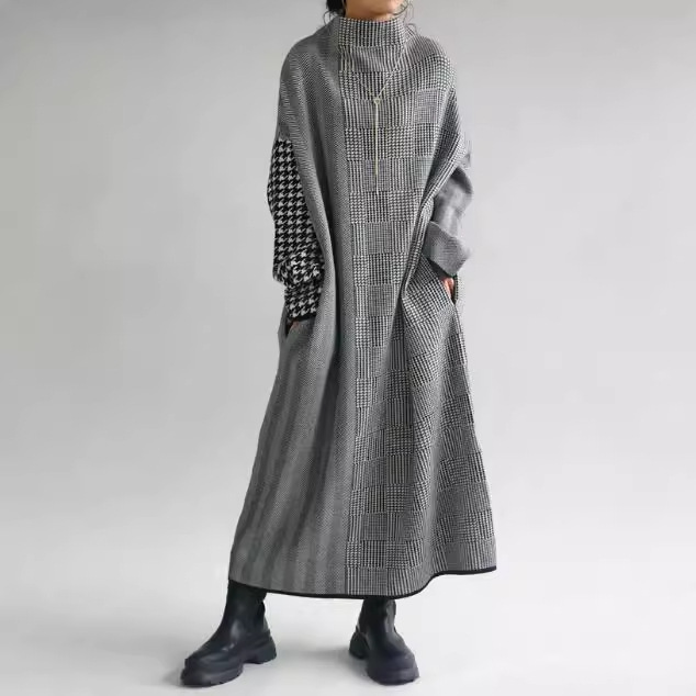 Exquisite Design, Slim and Personalized Japanese Expensive Brand Loose Long Houndstooth Sweater Knitted Dress