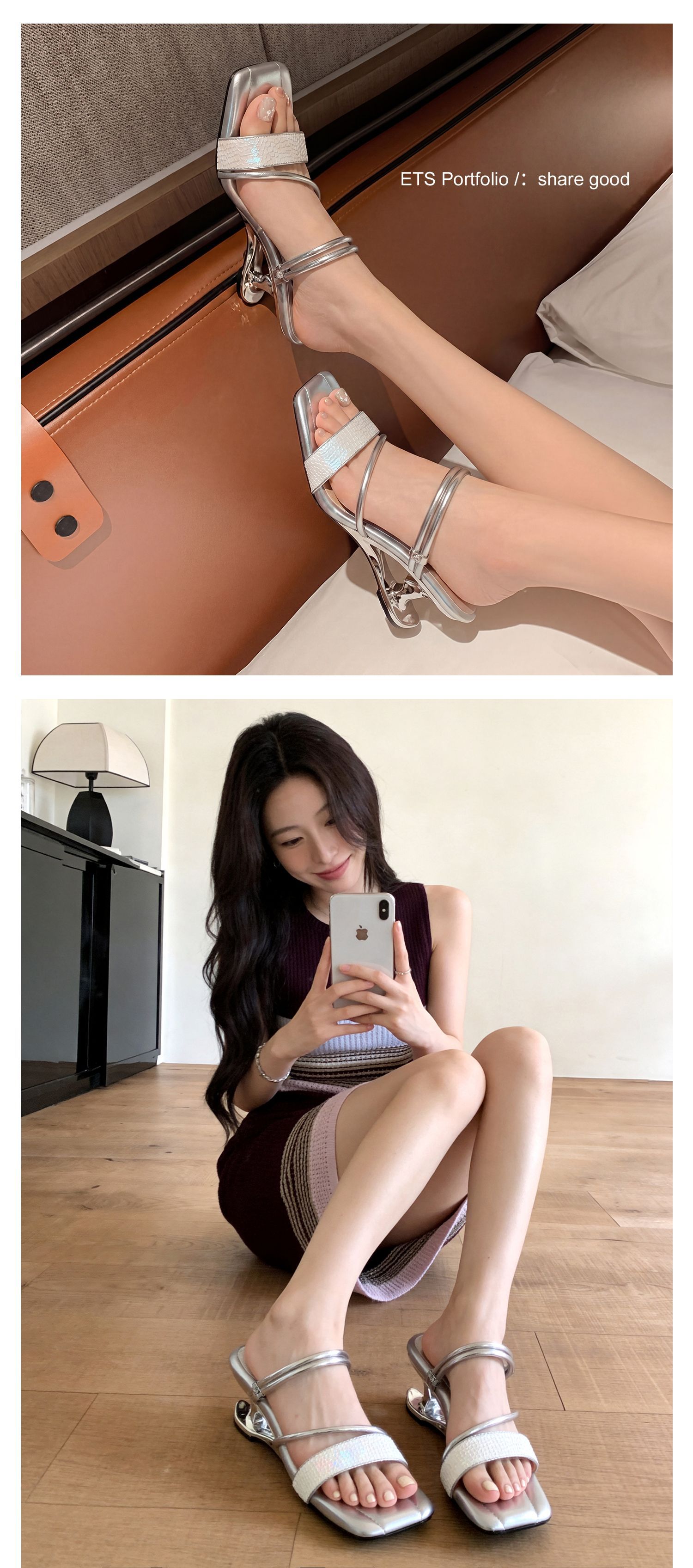Sandal cao gót nữ quai mảnh mũi vuông hở mũi, gót dị hình, có thể xỏ kiểu một dây hoặc hai dây — màu vàng, bạc chi tiết 18