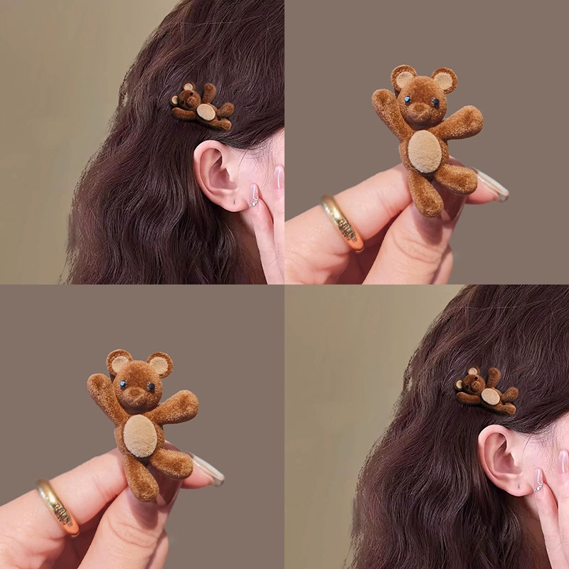 子供用ヘアアクセサリー、茶色のぬいぐるみクマのヘアピン、かわいい秋冬のヘアピン、高級ヘアピン、新しい漫画の女性|undefined
