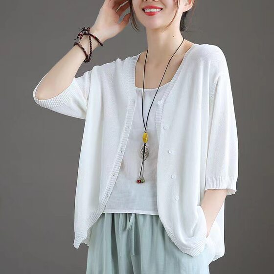 Ice Silk New Arrival Mid-Sleeve Knitted Cardigan Sunscreen Clothing Women's plus size Loose All-Match Artistic Korean Style Slim Look Air-conditioning Shirt for Women