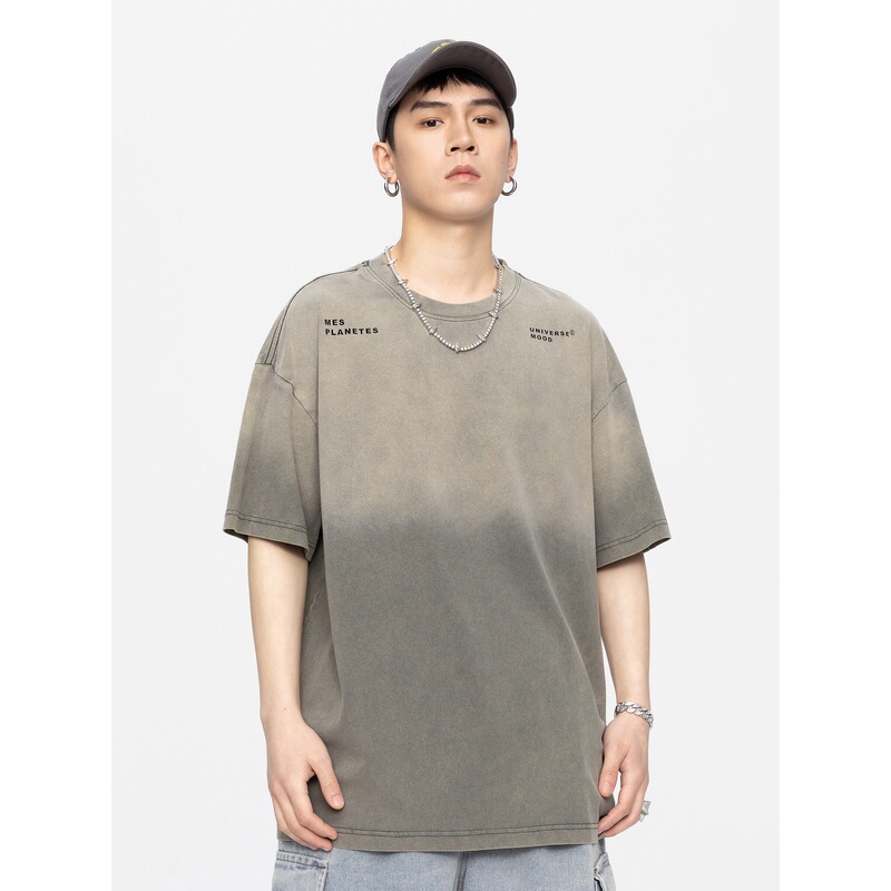 GTRG new American high street Heavy plus size short sleeve trendy ins gradient washed loose round neck T-shirt