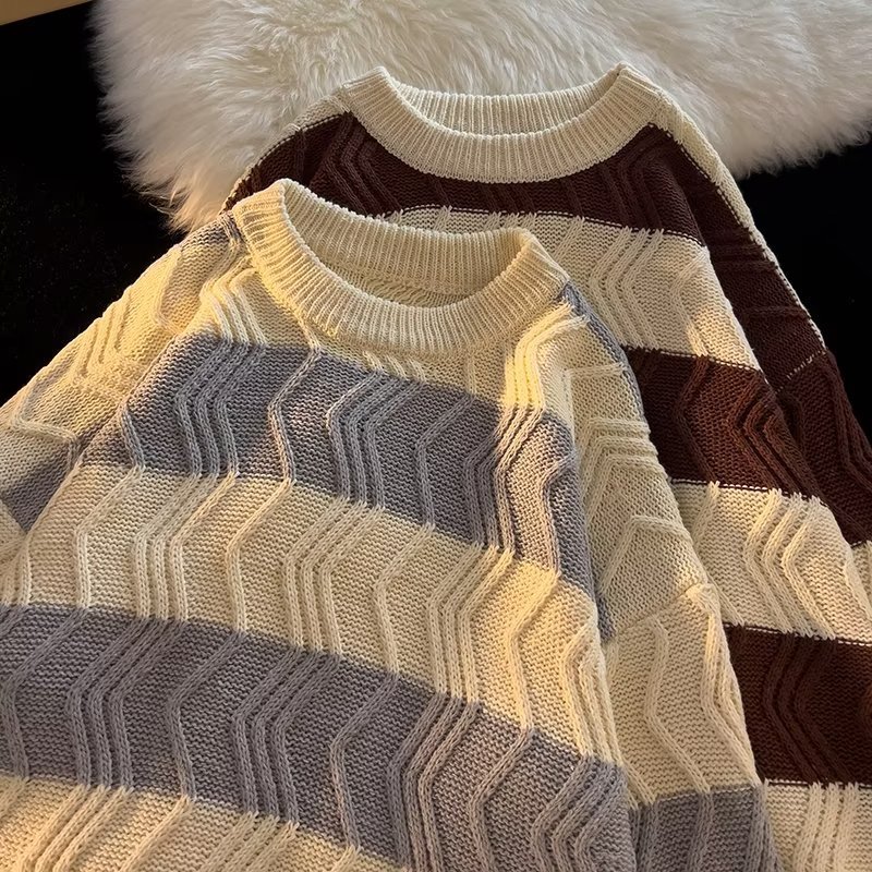 Herren Strickpullover Gestreift Retro Rundhals College Stil_voghion.com