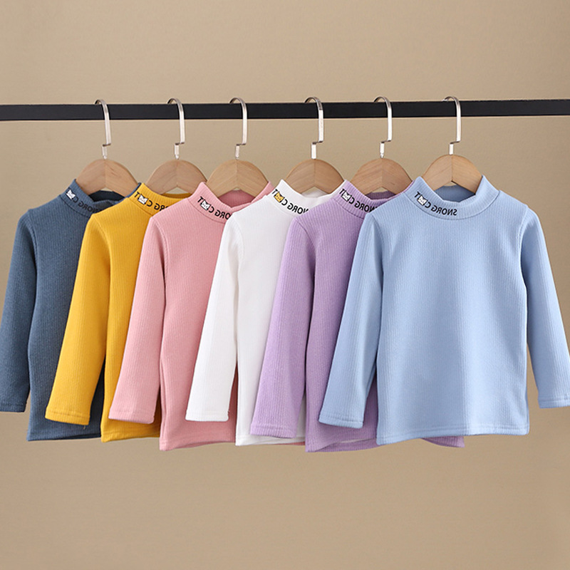 Otoño y invierno, camisetas de base de lana abrasiva para niños y niñas, camisetas calientes de cuello de media altura para bebés gruesas de manga larga coreana al por mayor
