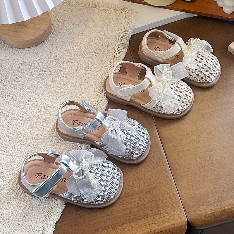 Mother & Kids Girls Lace Bow Knot Woven Hollow Out Sandals Summer Pearl Princess Beach Shoes Stylish Clogs For Formal & Casual For Women_voghion.com