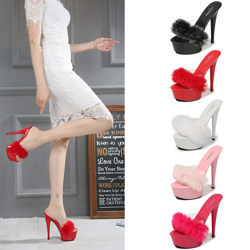 8661-10 New Style Slippers with Rabbit Fur, Ultra-Thin Heels, Sexy Black Waterproof Platform, Sky-High Super High Heels for Women, Summer 8661-10 New Style Slippers with Rabbit Fur, Ultra-Thin Heels, Sexy Black Waterproof Platform, Sky-High Super High Heels for Women, Summer