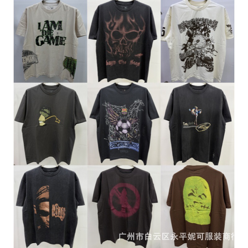 Travis Scott Collaboration Printed T-Shirt European and American Hip-Hop Street Style Vintage Distressed Loose Ts Short-Sleeve