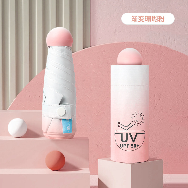 Gradiente cápsula paraguas para mujeres protector solar anti-UV paraguas de sombra de sol doble uso 50% mini compacto portátil