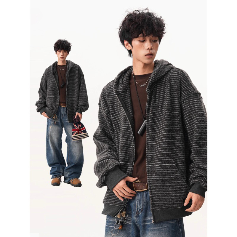 American-style striped cardigan sweatshirt for men, autumn high-street couple's hooded sports jacket, trendy brand, casual jacket with a relaxed vibe