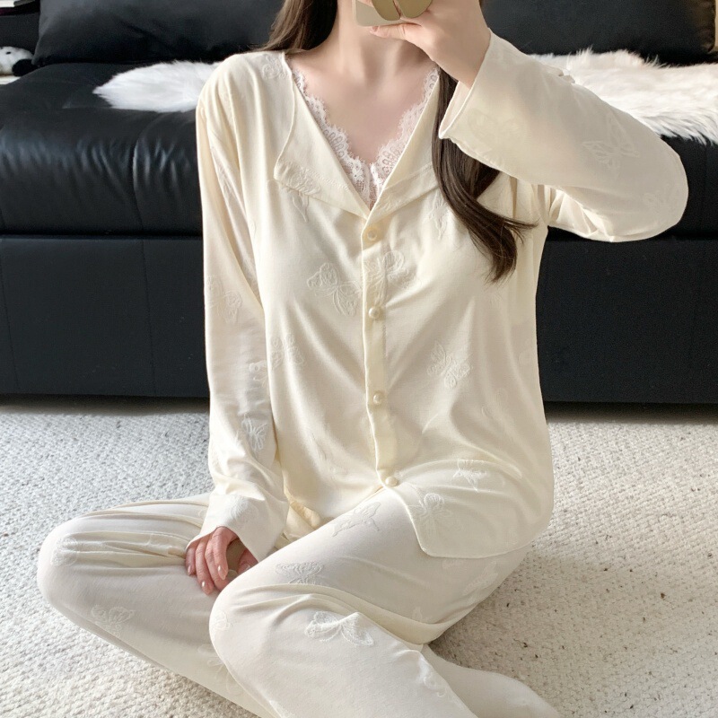 2026 Spring and Autumn New Soft Cotton V-Neck Pajamas for Women, Milky Apricot Color Lace Trim Cardigan Homewear Set 2026 Spring and Autumn New Soft Cotton V-Neck Pajamas for Women, Milky Apricot Color Lace Trim Cardigan Homewear Set