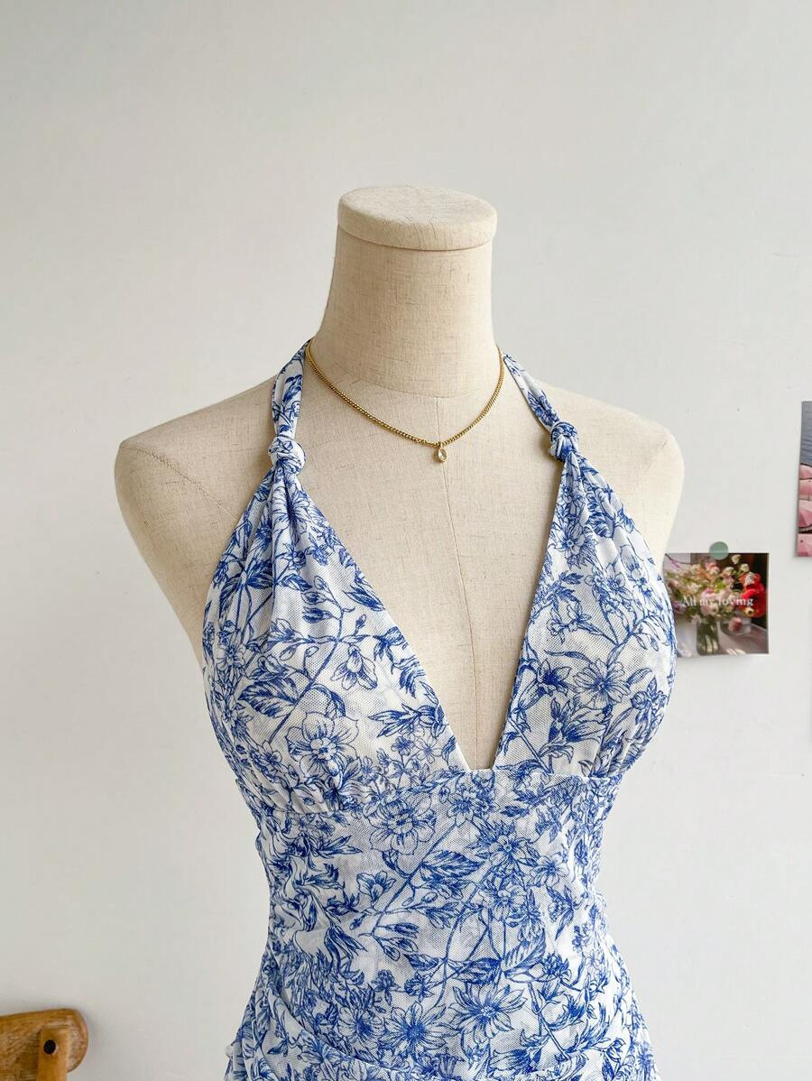 Blue Floral Mesh Dress Fashionable Elegant Casual Slim-Fitting Women's Clothing/Dress_ecoleips.com