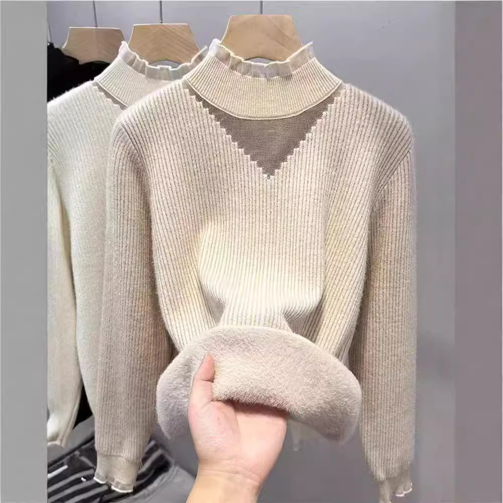 Women's Clothing Plush sweater thickened bottoming shirt ladies autumn and winter half high collar lace inner top sweater_voghion.com