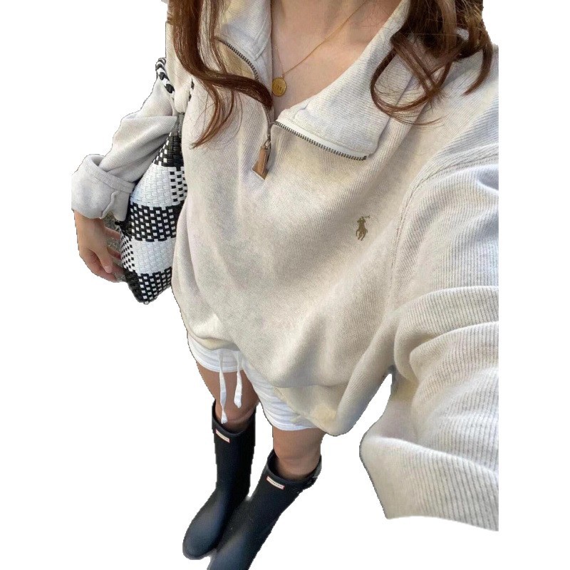 标半拉链宽松美式卫衣男polo情侣卫衣女复古长袖翻领|undefined