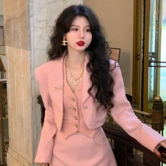 小香风套装女秋季新款时尚减龄西装短外套辣妹马甲半身裙子三件套
