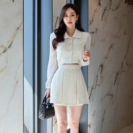 小香风两件套2022秋季韩版雪纺拼接长袖短款上衣高腰蓬蓬短裙套装