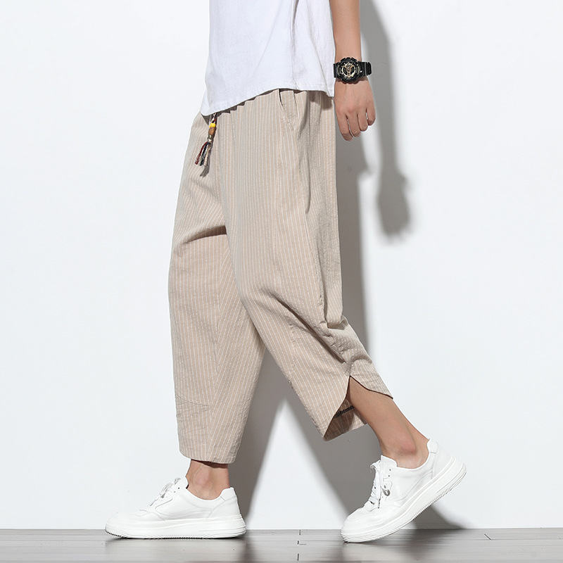 2025 Summer New Cross-Border Men's Chinese-Style Striped Cropped Pants Foreign Trade Plus-Size Fashion Men's Cotton-Linen Wide-Leg Pants