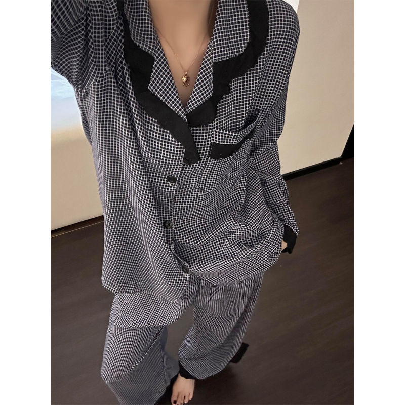 日系复古休闲条纹蕾丝边睡衣女2025新款长袖长裤可外穿家居服套装|undefined