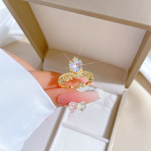 Gold-plated Crown Heart Full Diamond Ring Adjustable Open Simple Japanese Band Couple's Ring