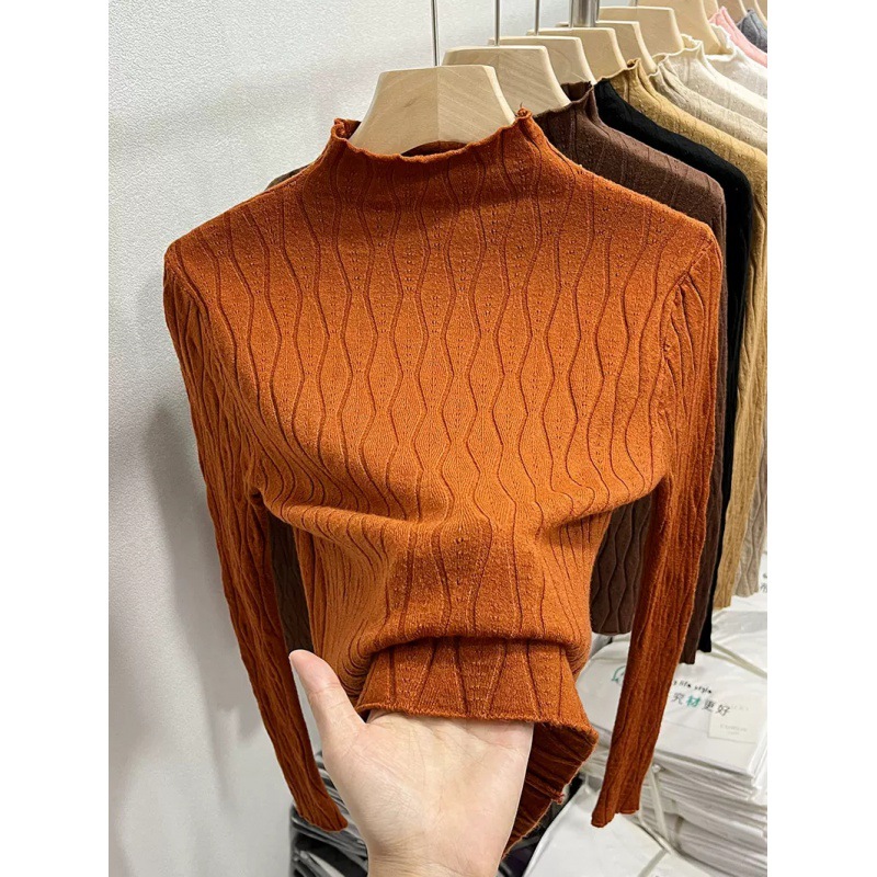欧货半高领针织衫女秋冬2022新款洋气缕空修身内搭毛衣打底衫