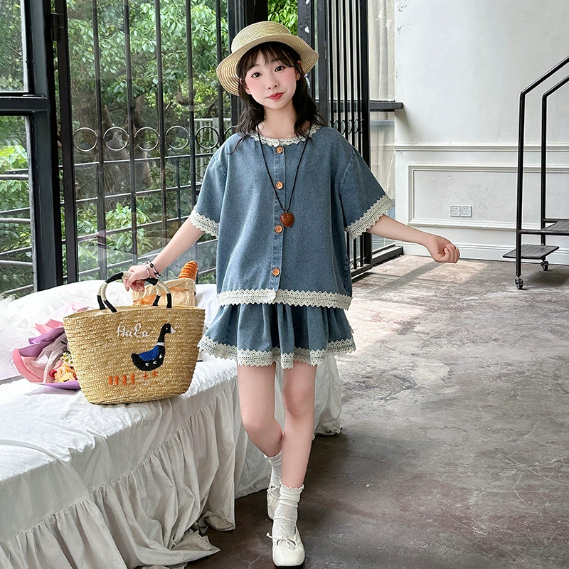 Летний ретро кружевной джинсовый костюм 2025, миниатюрный, милый, короткий рукав, юбка, двухкомпонентный кружевной джинсовый костюм