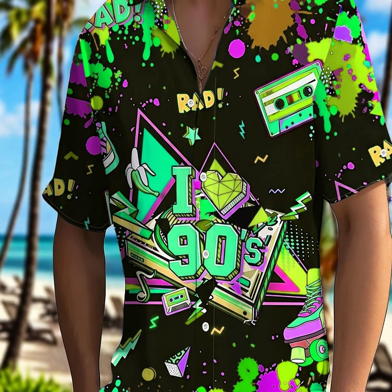 2026 Fashion 90s Retro Men's Short Sleeve Printed Shirt Summer New Casual Trendy Shirt