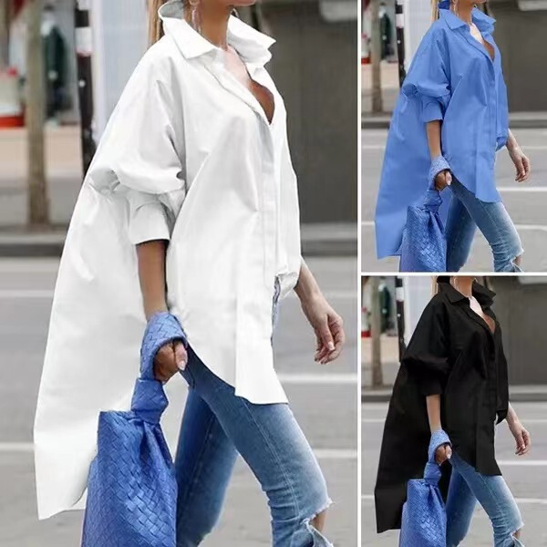 Spot European and American Clothing 2025 Fashion 100% Cotton Large Size Extended Lapel Fluffy Sleeves Asymmetrical Hem Shirt