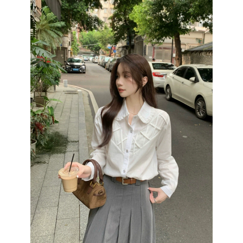 Реже цена! Французская шикарная рубашка белая кружевная рубашка с кукольным воротником